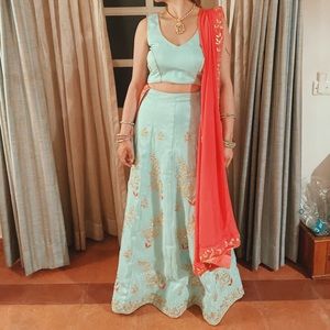 Lehenga and dupatta light blue and pink sequin